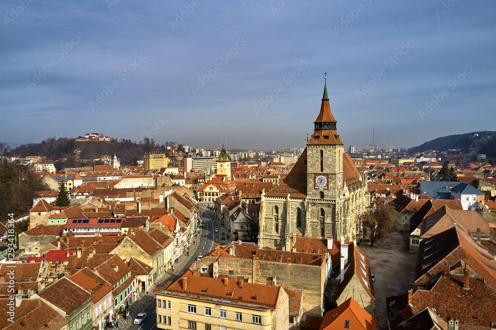 Panoramic view of the old town  in the winter time, Aerial cityscape of Brasov city, Transylvania landmark in Brasov, Romania