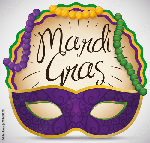 Mask with Label and Necklaces to Celebrate Mardi Gras Carnival, Vector Illustration