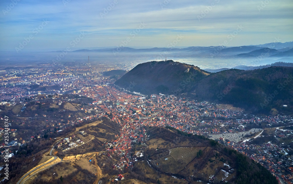 Panoramic view of the old town  in the winter time, Aerial cityscape of Brasov city, Transylvania landmark in Brasov, Romania