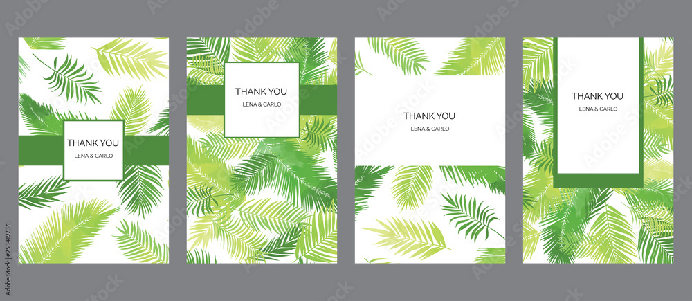 Drawn bright thank you tropic palm, bio, eco floral cards templates, universal design