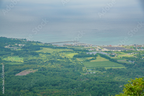 Aerial view Date cityscape from the South rim lookout of  Mount Usu