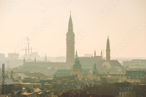 February 18  2019. Denmark Copenhagen. Panoramic top view of the city center from a high point. Round Rundetaarn Tower