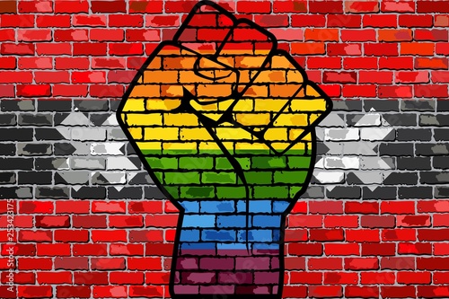 LGBT Protest Fist on a Amsterdam Brick Wall Flag - Illustration,  Brick Wall Amsterdam and Gay flags