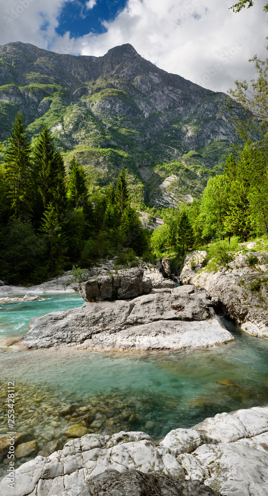 Turquoise water and karst limestone of Soca river in Trenta Valley at Vrsnica Gorge Natural Monument Triglav National Park Slovenia