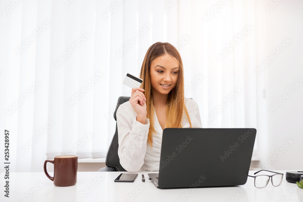 A beautiful young manager admires with the possibility of buying things on the Internet. A beautiful young manager admires with the possibility of buying things on the Internet.
