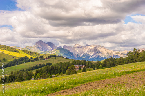 Alpe di Siusi, Seiser Alm with Sassolungo Langkofel Dolomite, a group of people in a field with a mountain in the background