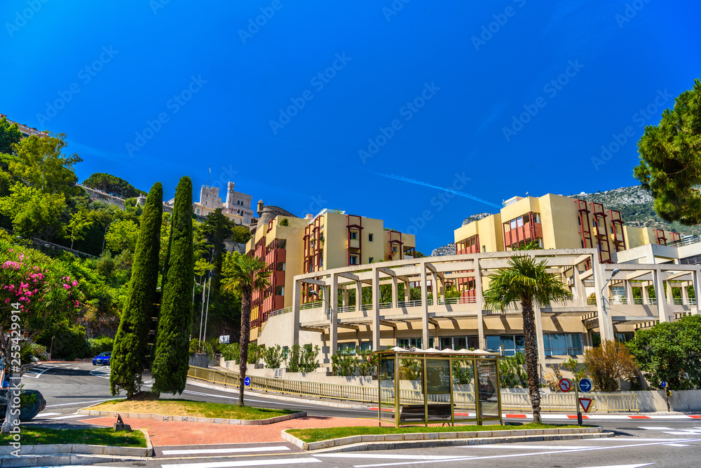 Naklejka premium City center street with houses and hotels, La Condamine, Monte-C