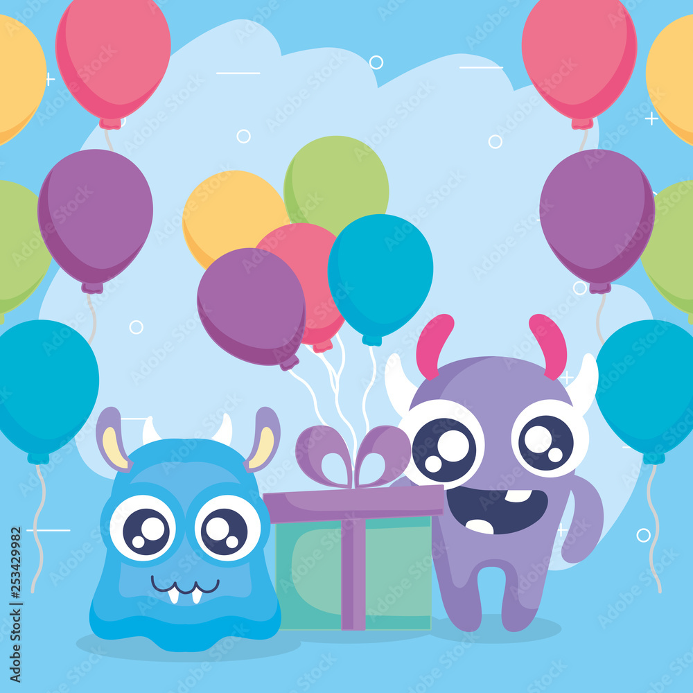 crazy monsters with gift and balloons helium