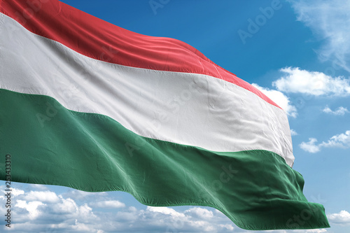 Hungary flag waving sky background 3D illustration