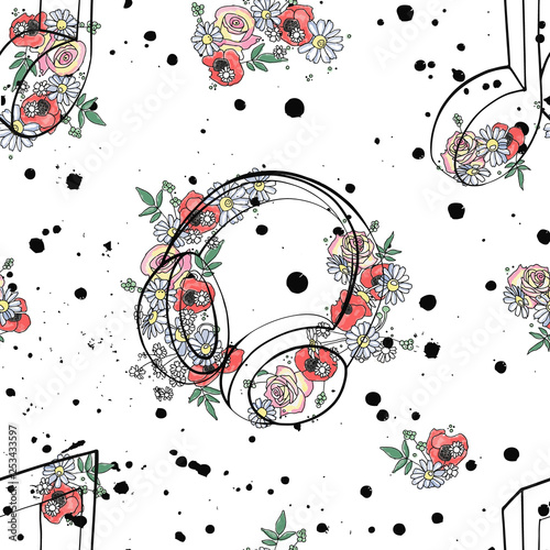 Vector seamless pattern graphic illustration of headphones music notes, flowers leaves branch drip blot splotch ink, splodge, spray Sketch drawing doodle style Artistic abstract watercolor silhouette