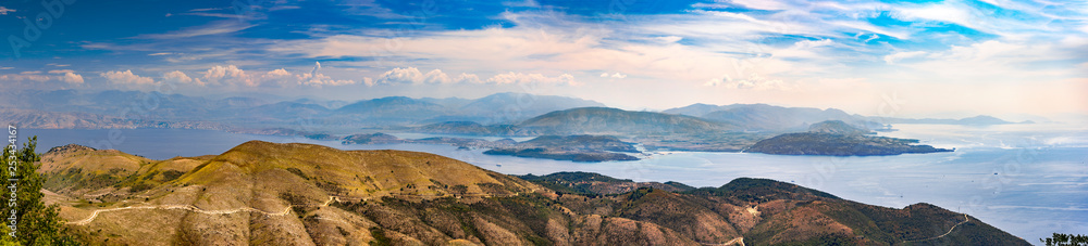 Panorama of mountains, islands and seas at Pantokrator, Corfu, Greece Panorama of mountains, islands and seas at Pantokrator, Corfu, Greece