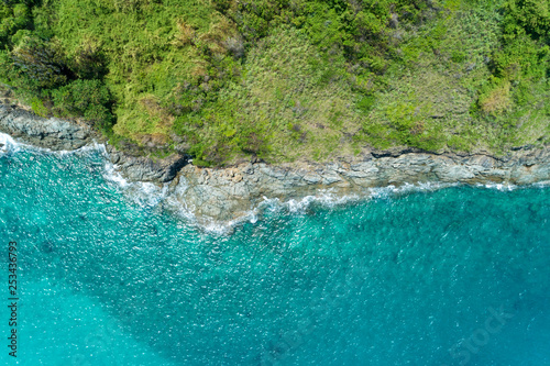 Top view landscape nature scenery view of Beautiful tropical sea with Sea coast view in summer season image by Aerial view drone shot, high angle view