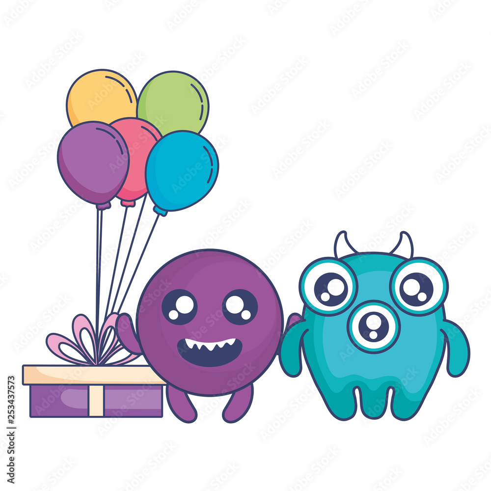 crazy monsters with gift and balloons helium characters