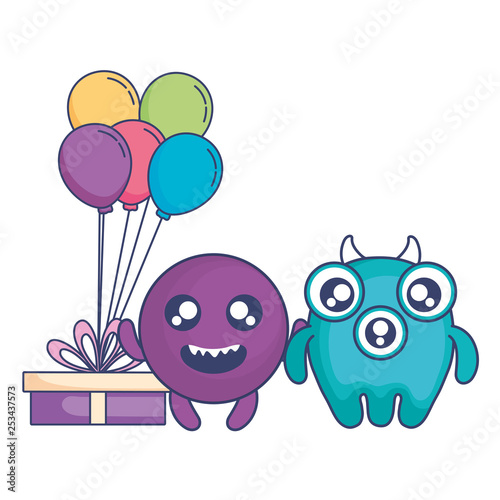 crazy monsters with gift and balloons helium characters