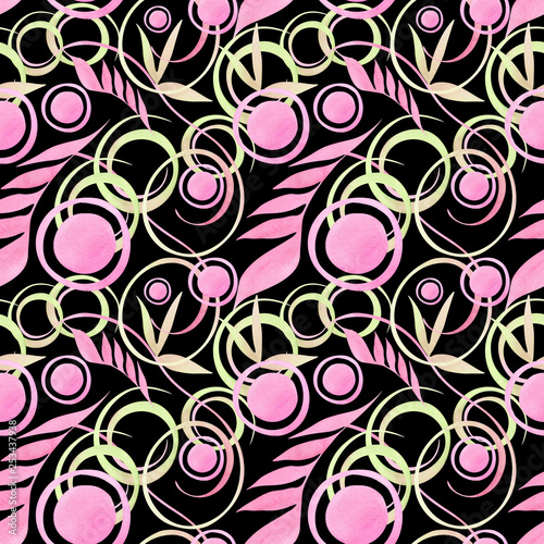 Hand painted watercolor illustration. Seamless pattern with abstract elements in pink and light green colors.