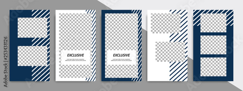 Set of minimalist dark blue indigo geometric shape banner template background. Suitable for social media stories, story, product catalog, expandable and roll vertical banner, flyer and brochure.