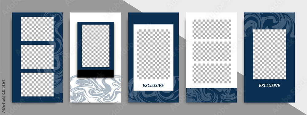 Set of minimalist dark blue indigo geometric shape banner template background. Suitable for social media stories, story, product catalog, expandable and roll vertical banner, flyer and brochure.