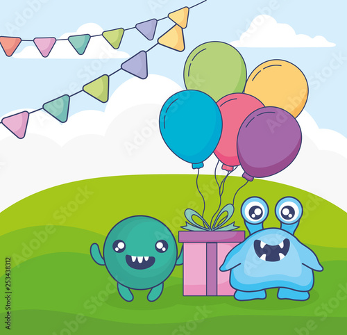 crazy monsters with gift and balloons helium in the field