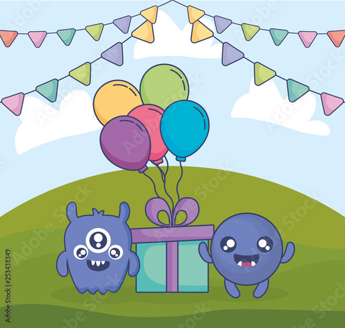 crazy monsters with gift and balloons helium in the field