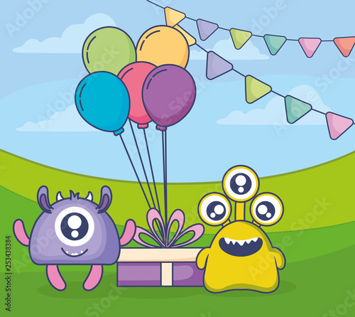 crazy monsters with gift and balloons helium in the field