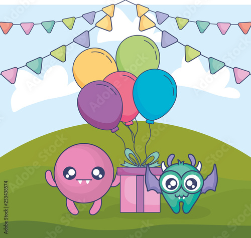 crazy monsters with gift and balloons helium in the field