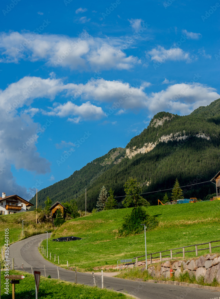 Alpe di Siusi, Seiser Alm with Sassolungo Langkofel Dolomite, a trekking walking winding path in a lush green field Alpe di Siusi, Seiser Alm with Sassolungo Langkofel Dolomite, a trekking walking winding path in a lush green field