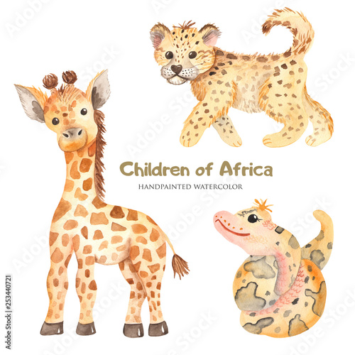 Watercolor cute cartoon African animals. Zebra, giraffe, crocodile, elephant, lion for cards, invitations, logos, baby shower, prints, travels.