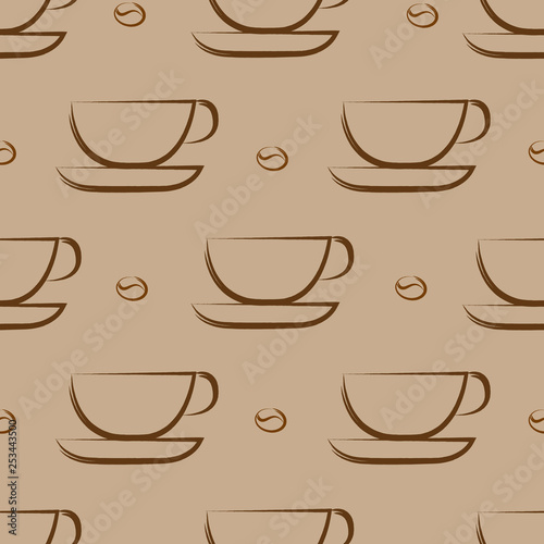 Coffee background. Seamless pattern. Cups on light broun background.