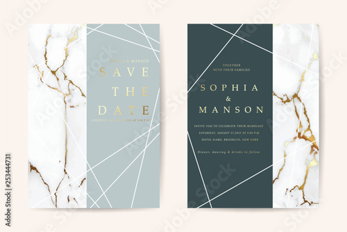Luxury wedding invitation cards with gold marble texture vector design template