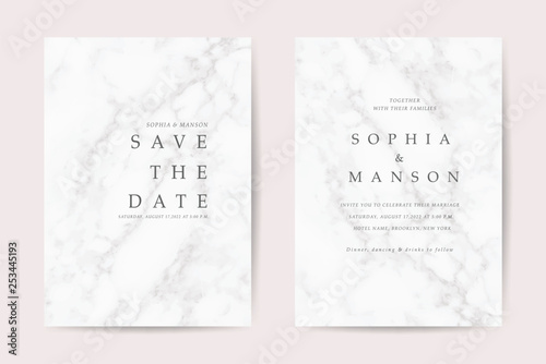 Luxury wedding invitation cards with gold marble texture vector design template