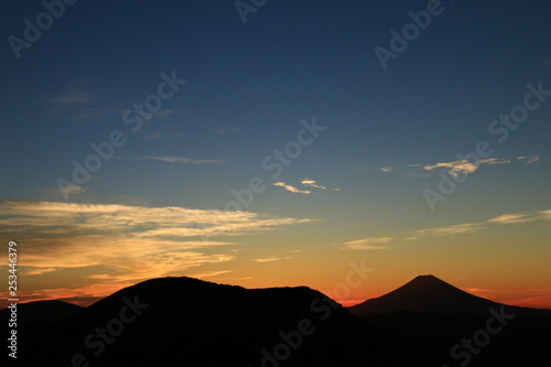 南アルプス光岳 山頂直下光岳小屋から イサルガ岳からの日の出と富士山