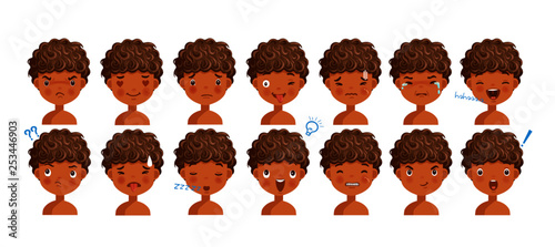 Curly hair face dark skin boy facial emotions set. Child face with different expressions. Variety of emotions children. male heads show a variety of moods, differences. Schoolboy portrait avatars.