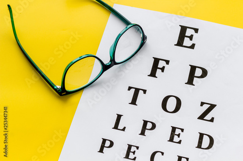Eye examination. Eyesight test chart and glasses on yellow background