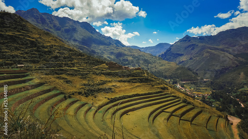 Peru Inca Cuzco Archeology Mountains Blue Sky Clouds Flowers Terrace View