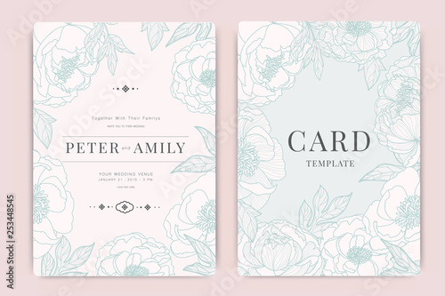 Wedding Invitation, floral invite thank you, rsvp modern card Design in white Peony  leaf greenery  branches decorative Vector elegant rustic template