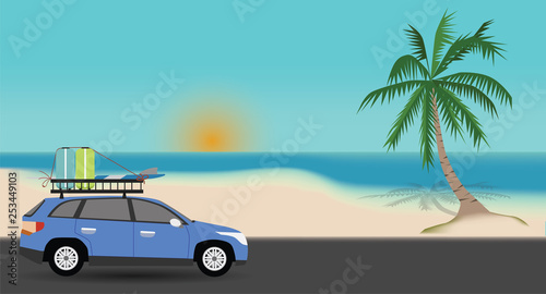Family car travel to sea beach with coconut tree. with suitcase and surfboard.