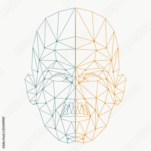 Human face low polygon. Wireframe mash head shape consisting of connected dots and lines. Abstract human illustration
