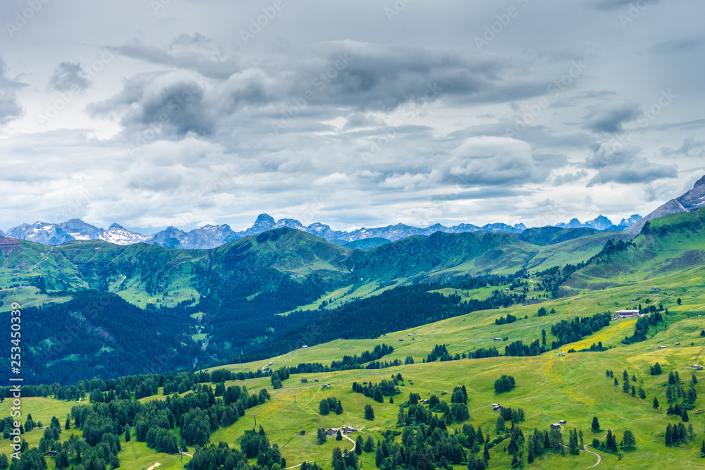 Obraz premium Alpe di Siusi, Seiser Alm z Sassolungo Langkofel Dolomite, bujne zielone pole w Seiser Alm Puflatsch Bullaccia