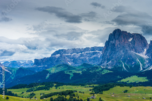 Alpe di Siusi  Seiser Alm with Sassolungo Langkofel Dolomite  a large mountain in the background