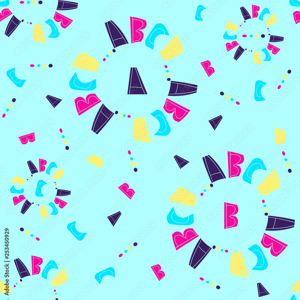 Seamless pattern with letters of alphabet A, B, C, D. Bright neon colors on soft blue background. Letters are drawn by hand. For decor of children's books, textiles, posters. Scandinavian style. Seamless pattern with letters of alphabet A, B, C, D. Bright neon colors on soft blue background. Letters are drawn by hand. For decor of children's books, textiles, posters. Scandinavian style.