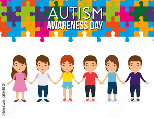 children and hands together with puzzle to autism day