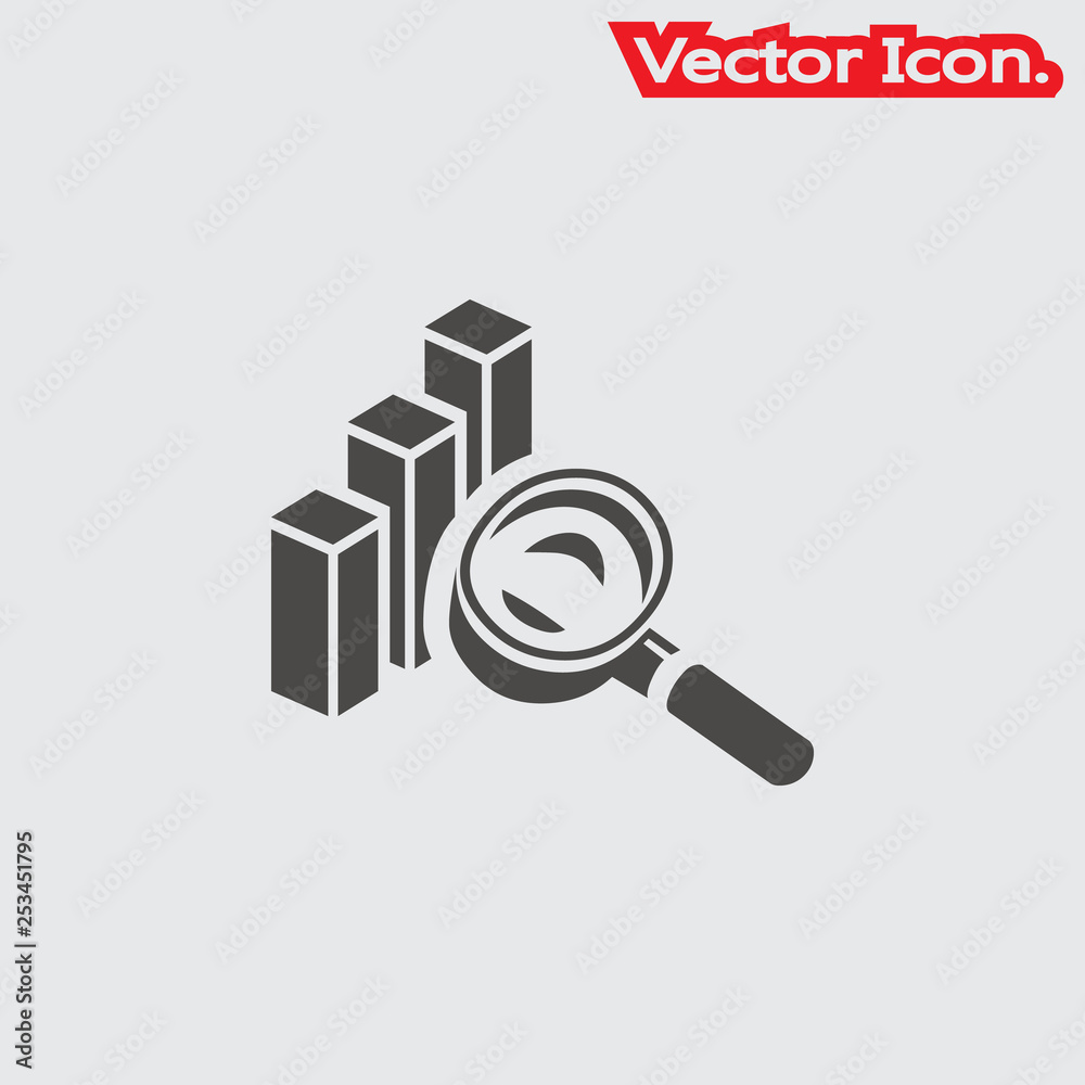 Search data in the graph with a magnifier tool. Icon isolated sign symbol and flat style for app, web and digital design. Vector illustration. Search data in the graph with a magnifier tool. Icon isolated sign symbol and flat style for app, web and digital design. Vector illustration.