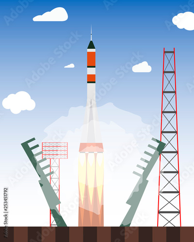 Start rocket from the spaceport. Launch raekty in space. Vector illustration