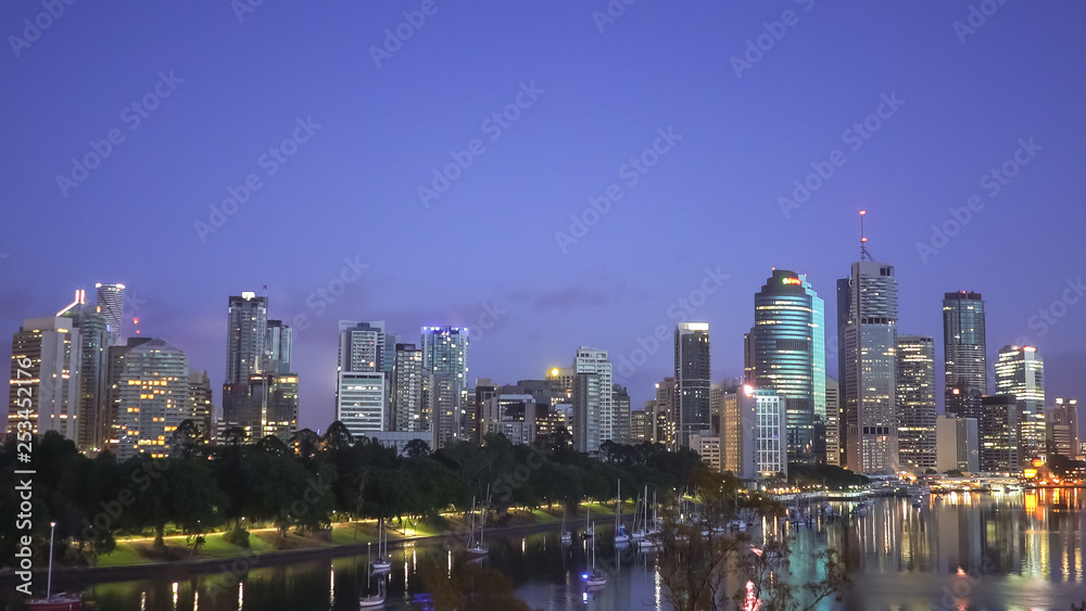 view of the skyline of brisbane at dawn