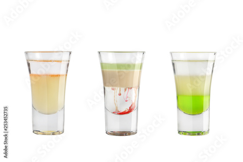 Alcohol shots on a white background. Three popular tequila shots.