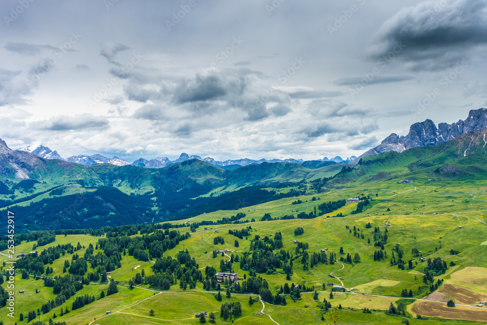Alpe di Siusi, Seiser Alm with Sassolungo Langkofel Dolomite, lush green field in Seiser Alm Puflatsch Bullaccia Alpe di Siusi, Seiser Alm with Sassolungo Langkofel Dolomite, lush green field in Seiser Alm Puflatsch Bullaccia