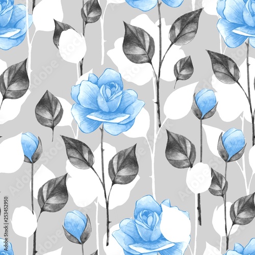 Floral seamless pattern. Blue watercolor roses