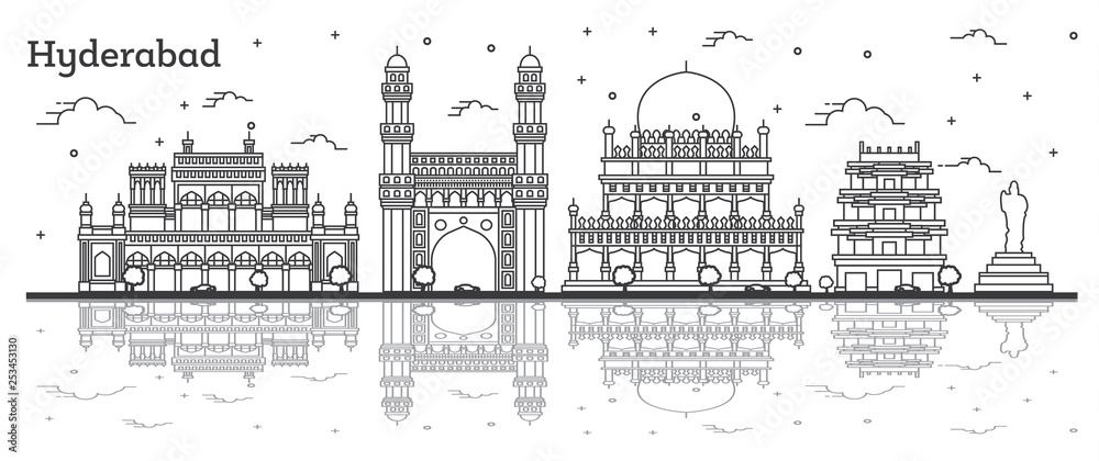 Outline Hyderabad India City Skyline with Historical Buildings and Reflections Isolated on White.