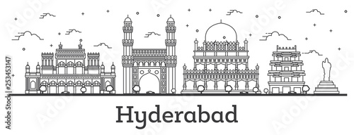 Outline Hyderabad India City Skyline with Historical Buildings Isolated on White.