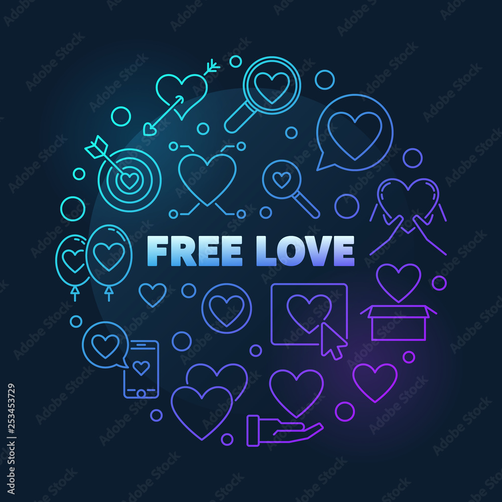 Free Love vector round colorful outline illustration on dark background